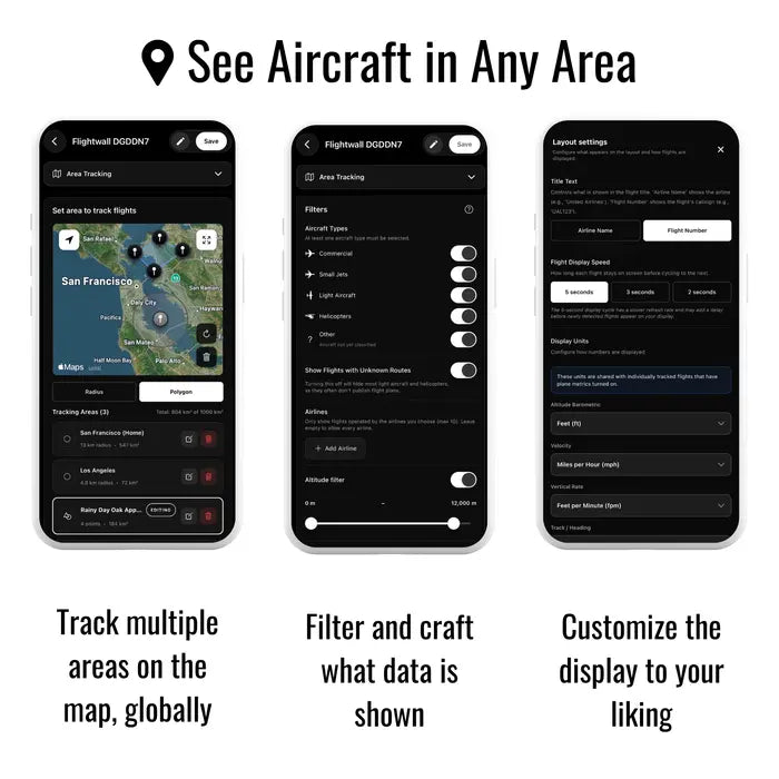 FlightWall - Three smartphone screens showing features of FlightWall  app with text describing its capabilities.
