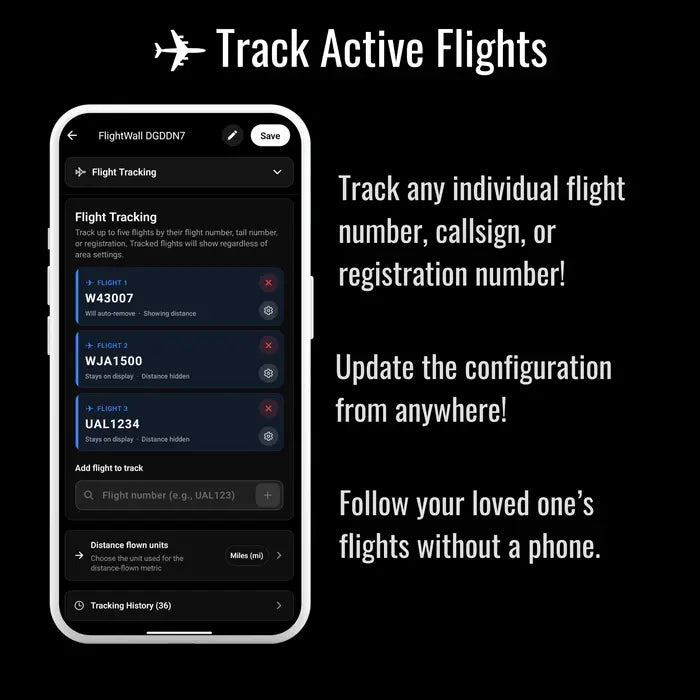FlightWall - Phone screen displaying FlightWall  app with text about tracking flights.