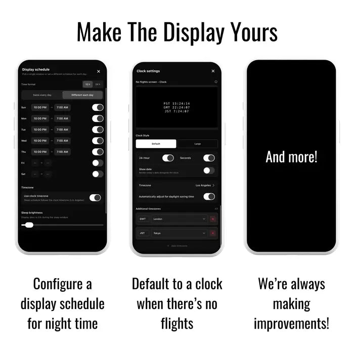 Three smartphone screens showing customizable display settings with text explaining features of FlightWall App.