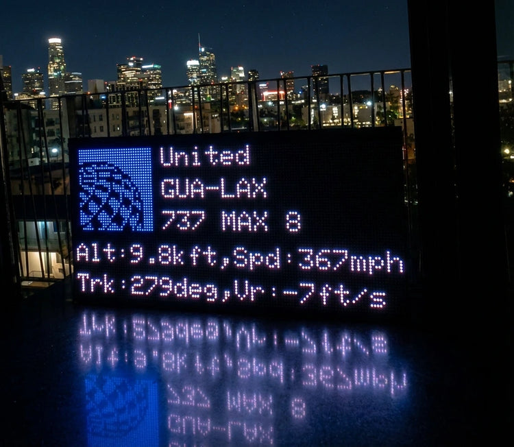 FlightWall Mini display with flight information against a city skyline at night