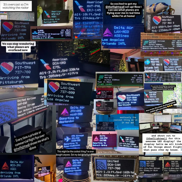 FlightWall - Collage of multiple flight information displays with various airlines and flight details.